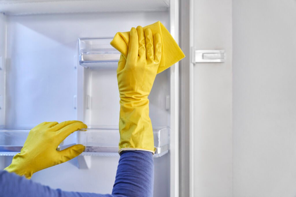 Close up of caucasian woman cleaning fridge at home