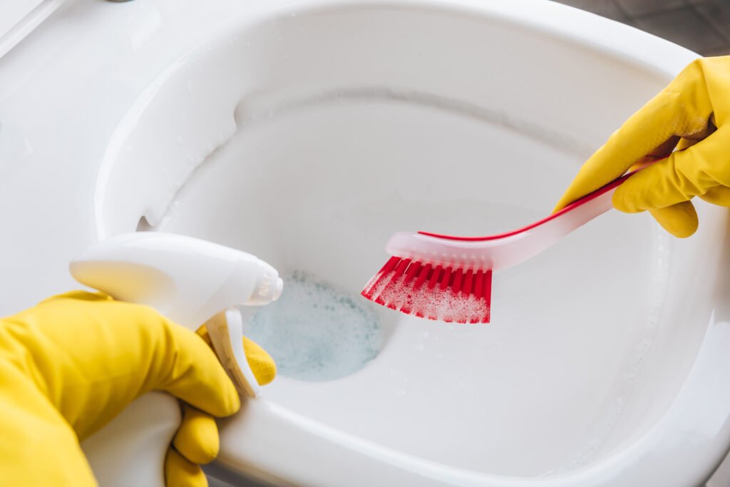 Woman in yellow rubber gloves cleaning toilet bowl with red brush and detergent