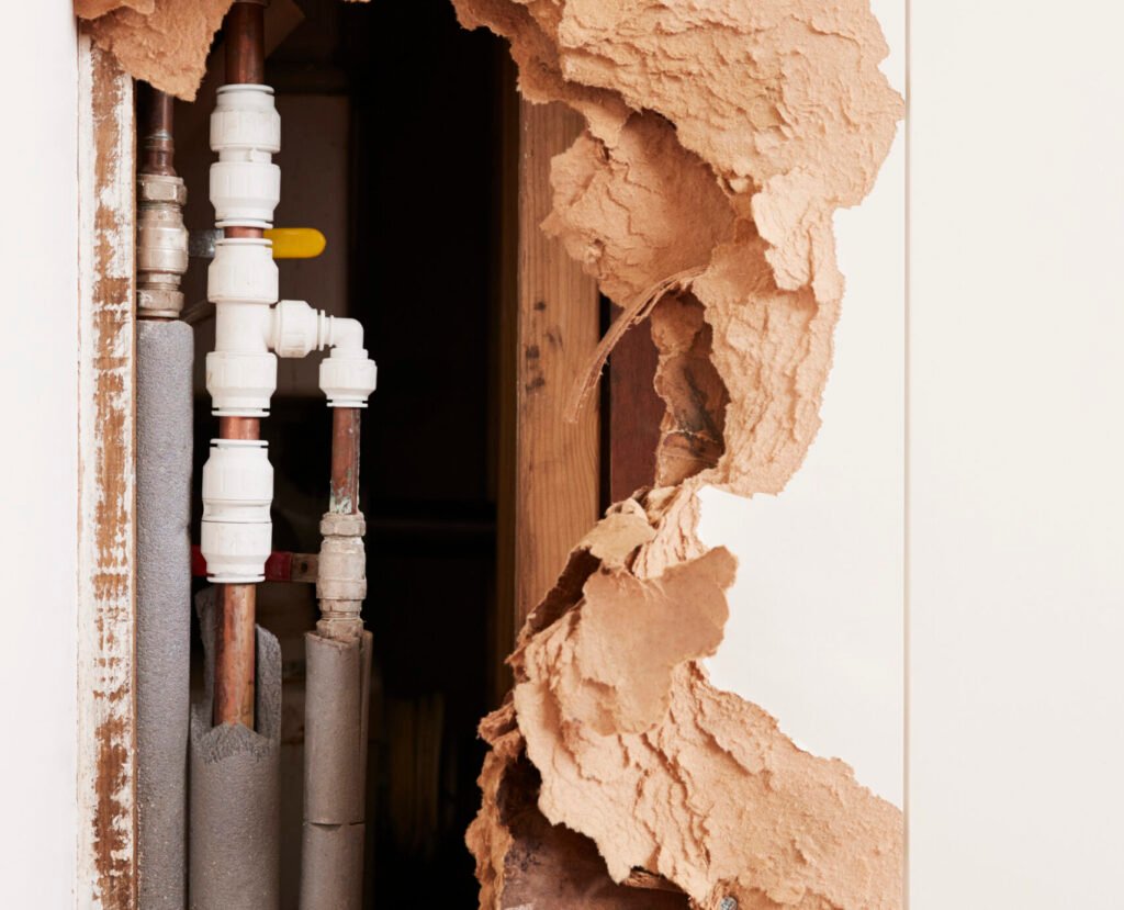 Damaged wall exposing burst water pipes after flood, vertical