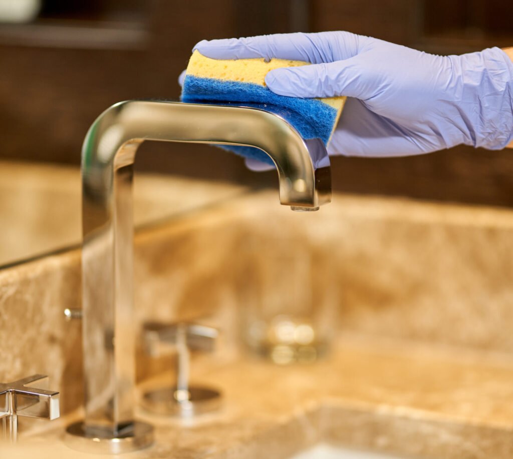 Close up of maid hand in a protective glove holding a washcloth and cleaning the tap. Hotel service concept